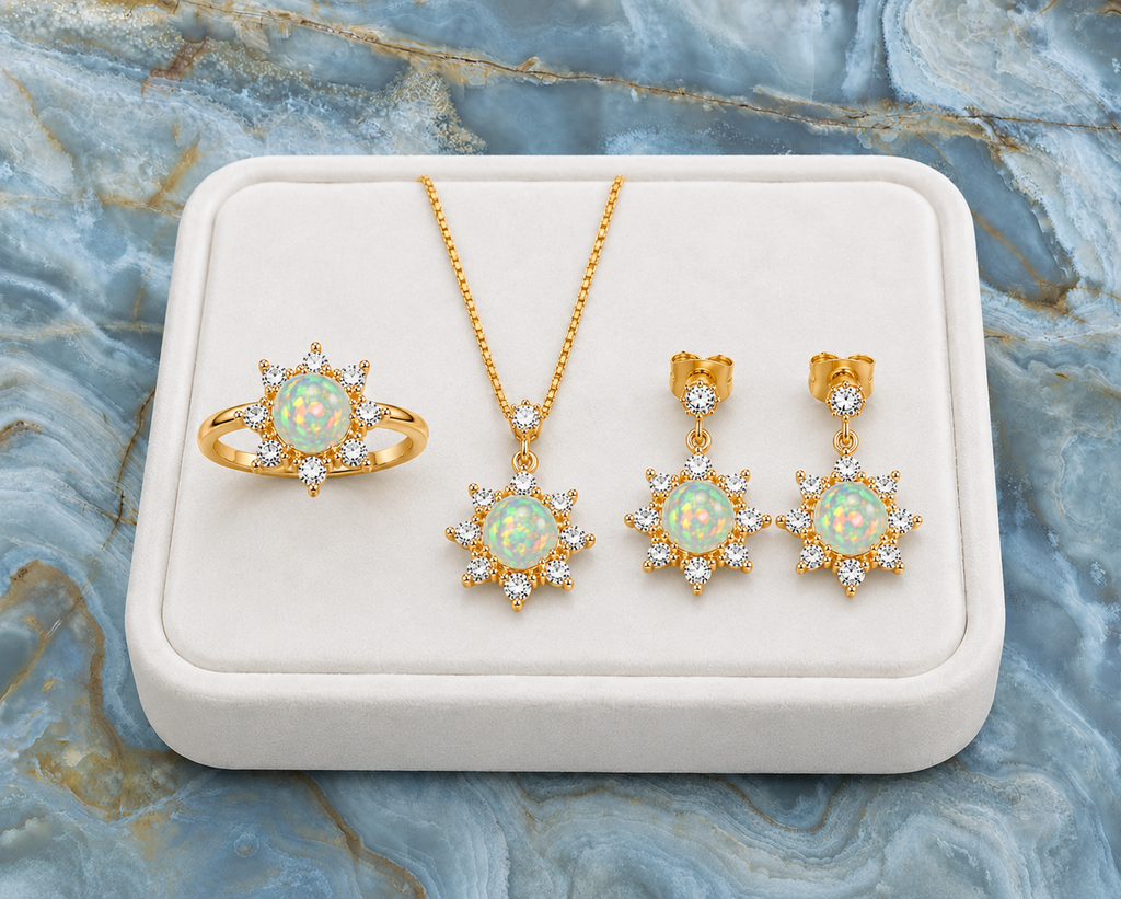 Natural Fire Opal Jewelry Set, Fire Opal Ring, Earrings, and Pendant Set 5mm