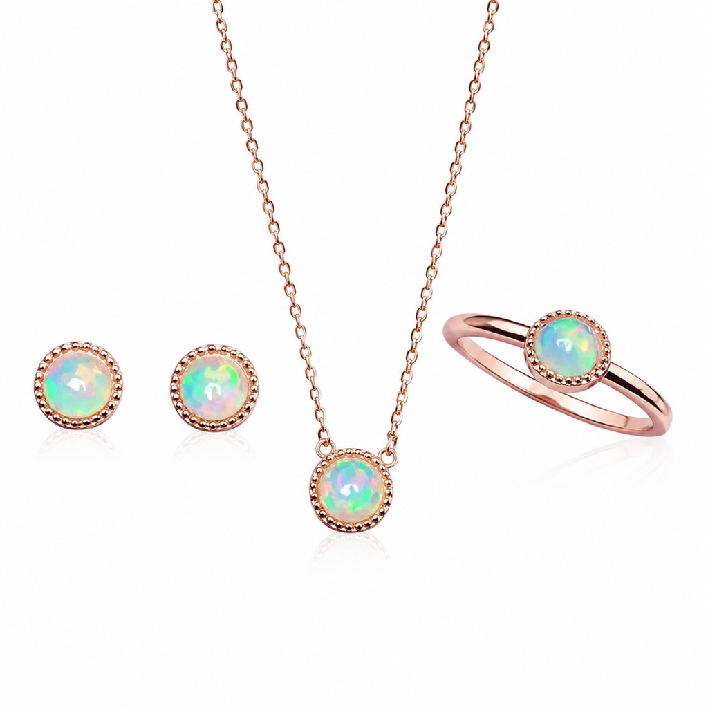 5mm round natural fire opal jewelry set in rose gold plated 925 sterling silver with necklace earrings and ring