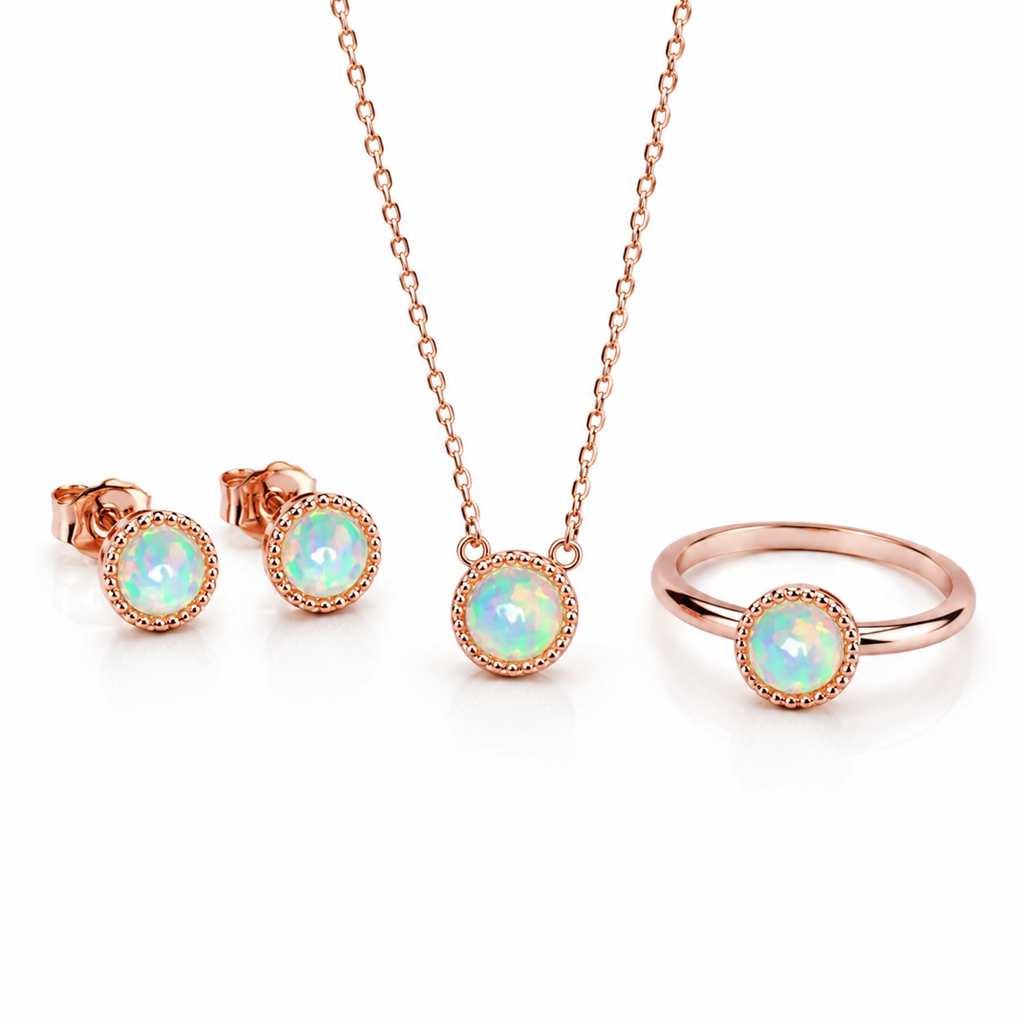45 degree view of natural 5mm fire opal jewelry set in rose gold plated sterling silver