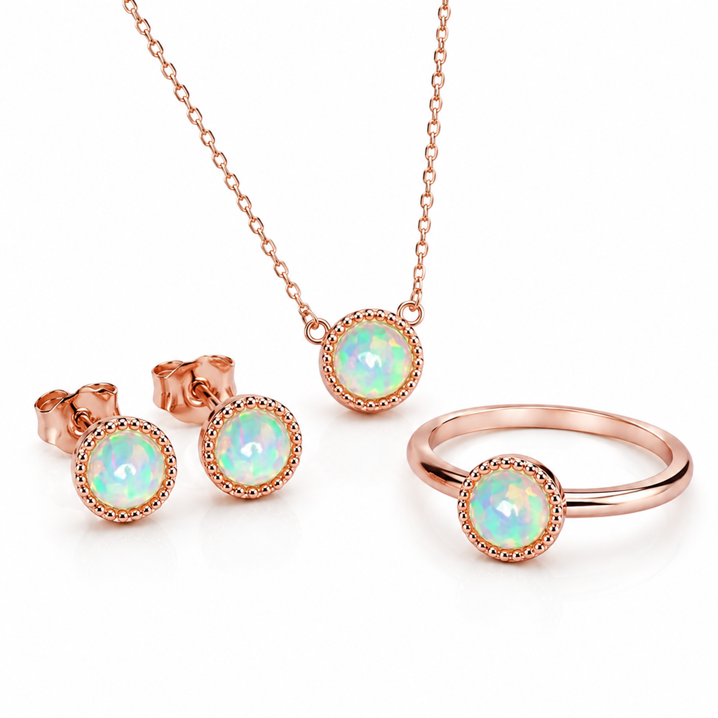 Top view of 5mm round fire opal jewelry set with matching necklace ring and stud earrings