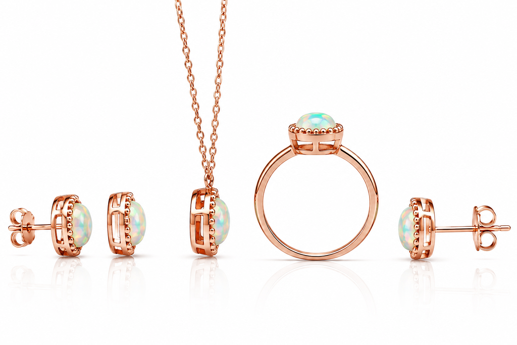 Side profile of rose gold plated natural fire opal jewelry set showing bezel settings