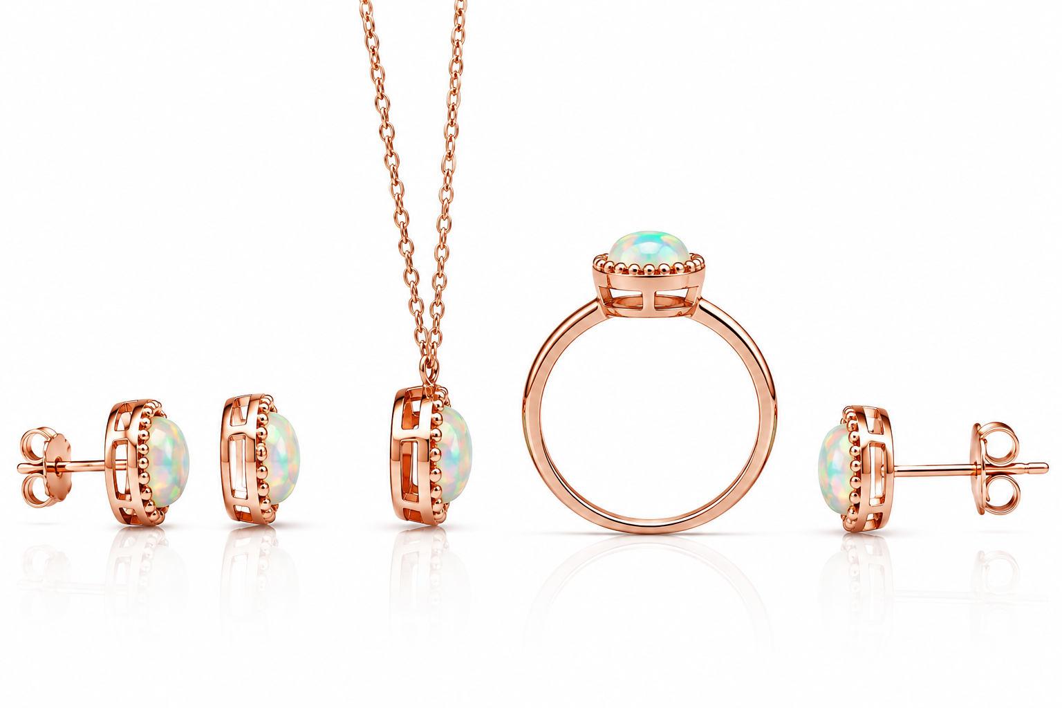 Side profile of rose gold plated natural fire opal jewelry set showing bezel settings