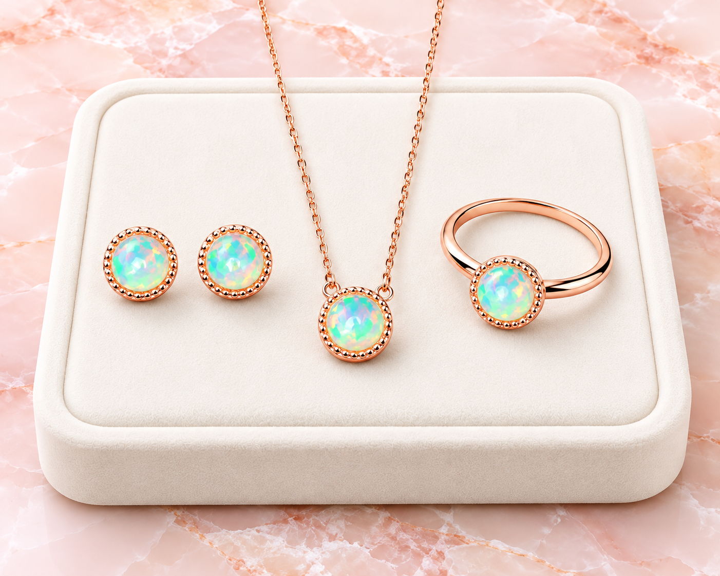 Luxury jewelry display of rose gold plated natural fire opal necklace earrings and ring on white velvet tray