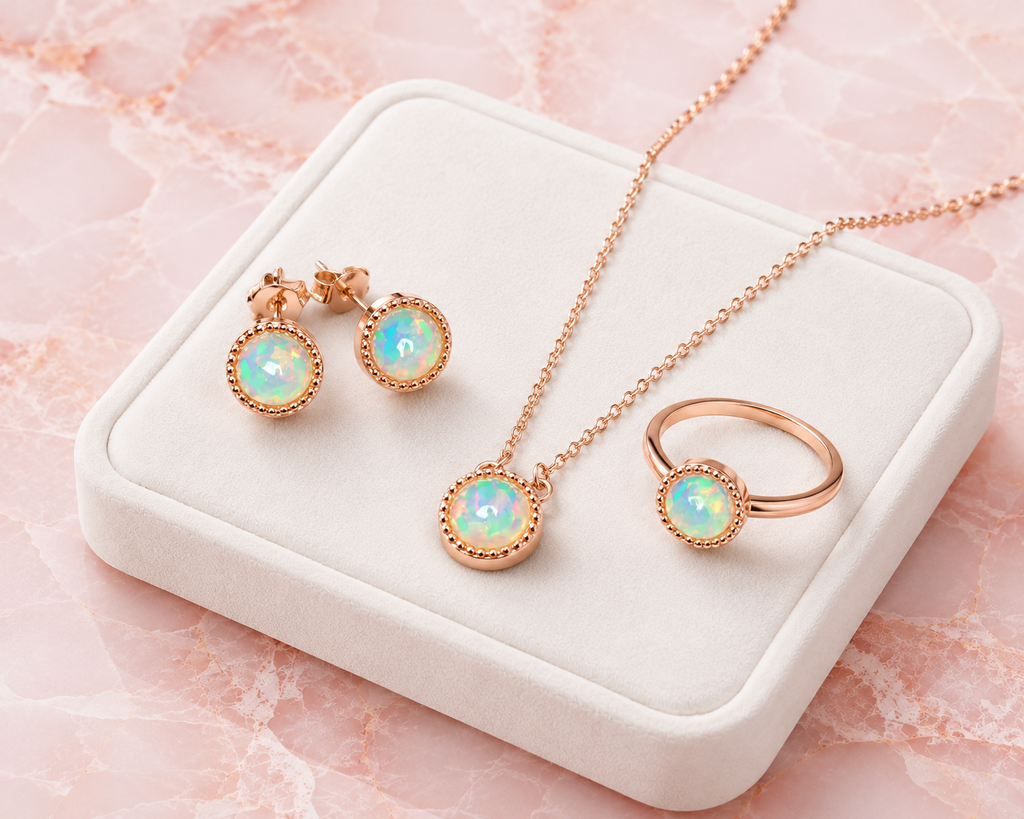 Luxury jewelry display of rose gold plated natural fire opal necklace earrings and ring on white velvet tray