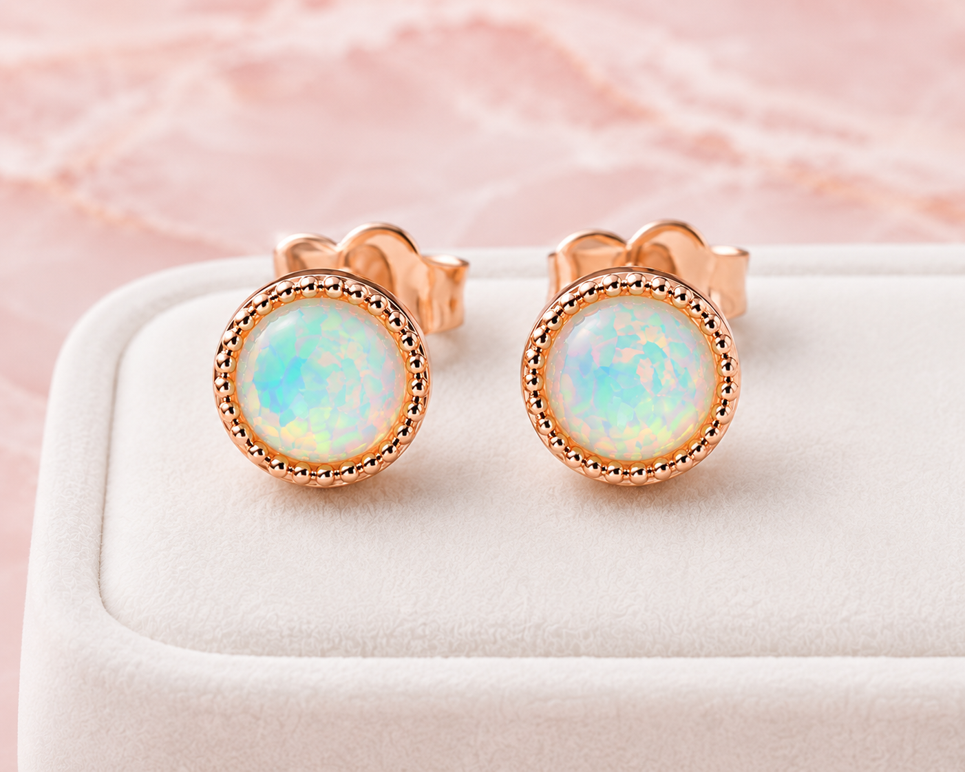Luxury jewelry display of rose gold plated natural fire opal earrings on white velvet tray