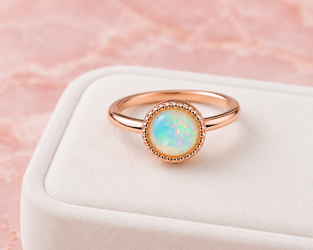 Luxury jewelry display of rose gold plated natural fire opal ring on white velvet tray