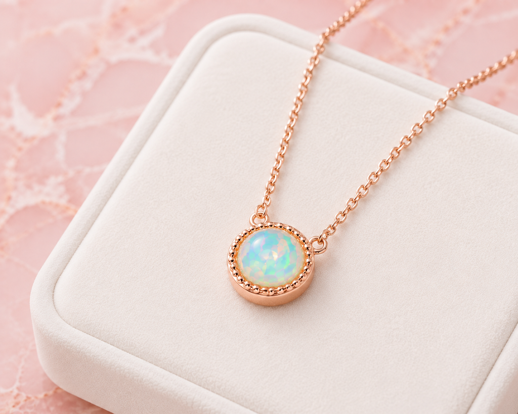 Luxury jewelry display of rose gold plated natural fire opal necklace on white velvet tray