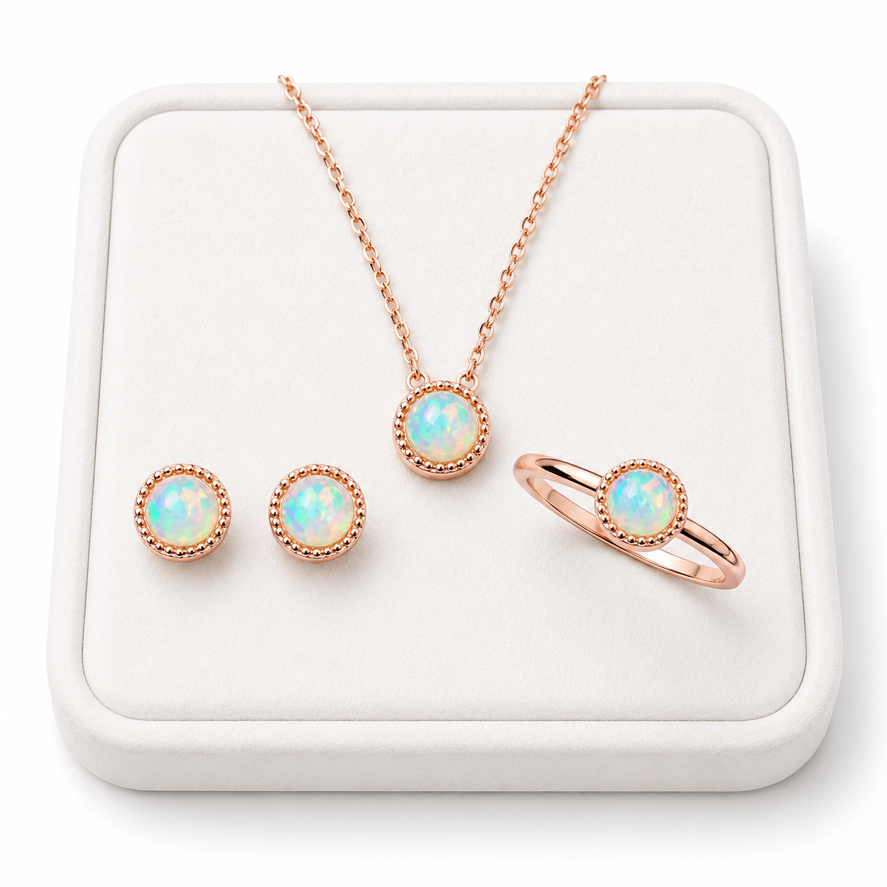 Luxury jewelry display of rose gold plated natural fire opal necklace earrings and ring on white velvet tray