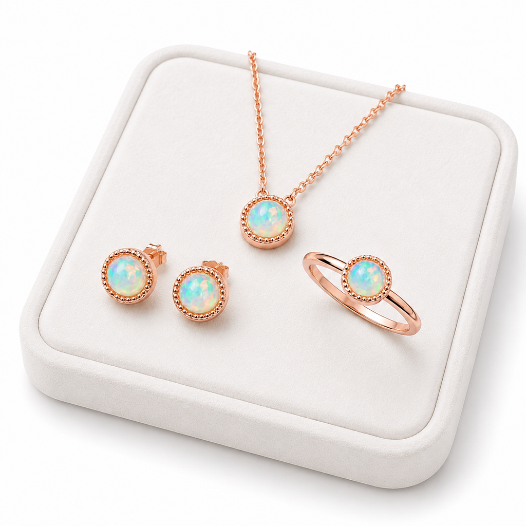 Luxury jewelry display of rose gold plated natural fire opal necklace earrings and ring on white velvet tray