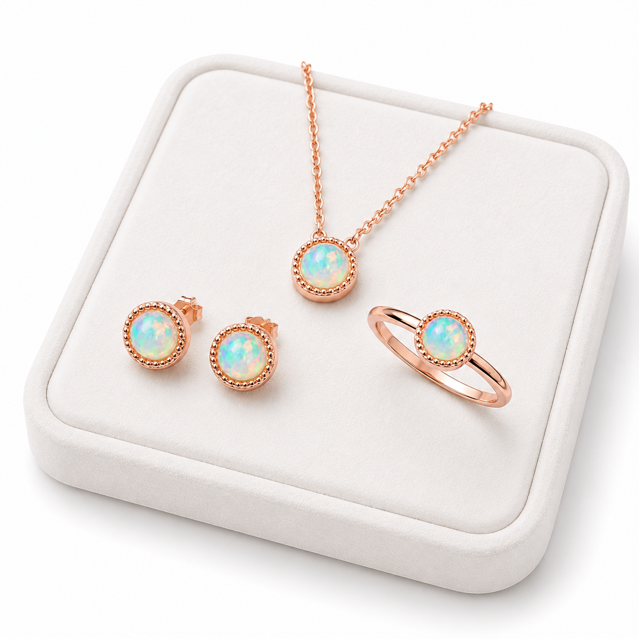 Luxury jewelry display of rose gold plated natural fire opal necklace earrings and ring on white velvet tray