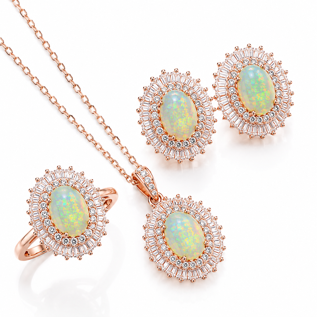Natural 6x8mm Fire Opal jewelry set in rose gold finish featuring matching ring pendant necklace and stud earrings on white background