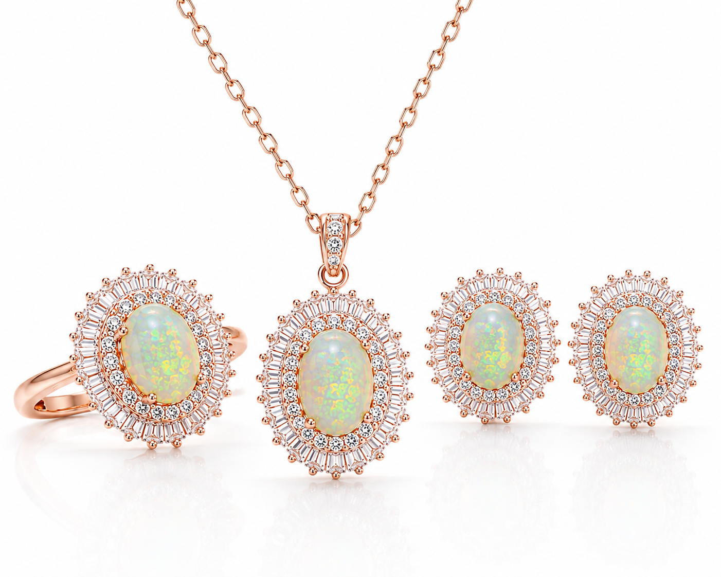 Natural 6x8mm Fire Opal jewelry set in rose gold finish featuring matching ring pendant necklace and stud earrings on white background