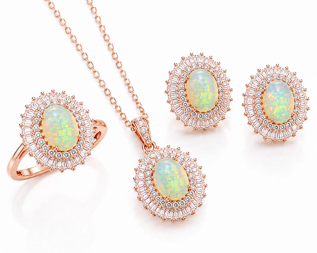 Natural 6x8mm Fire Opal jewelry set in rose gold finish featuring matching ring pendant necklace and stud earrings on white background