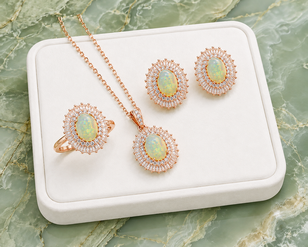 Natural 6x8mm Fire Opal jewelry set in rose gold finish featuring matching ring pendant necklace and stud earrings on a white jewelry tray with a marble background.