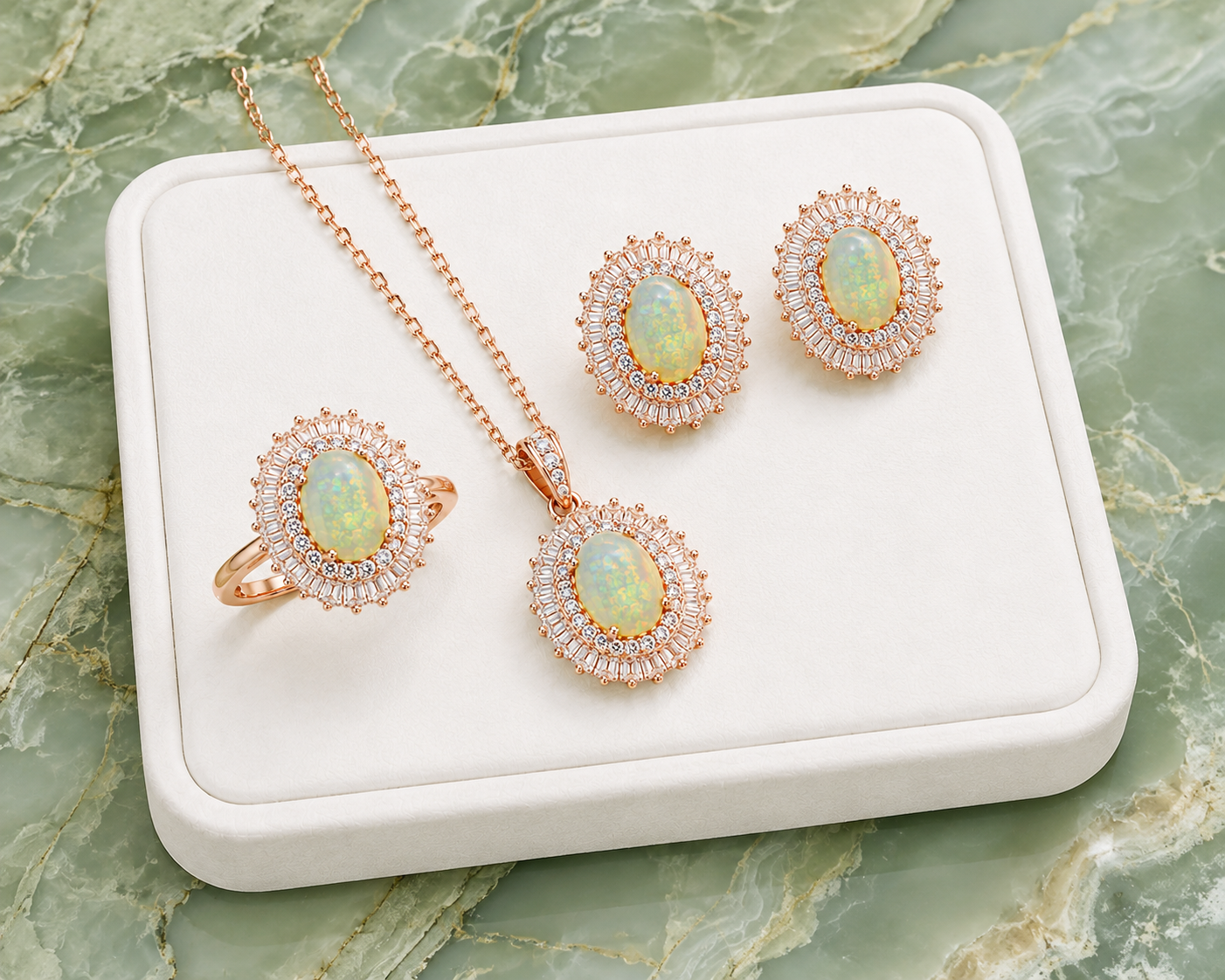Natural 6x8mm Fire Opal jewelry set in rose gold finish featuring matching ring pendant necklace and stud earrings on a white jewelry tray with a marble background.