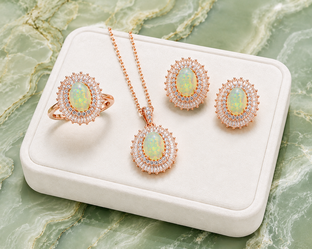 Natural 6x8mm Fire Opal jewelry set in rose gold finish featuring matching ring pendant necklace and stud earrings on a white jewelry tray with a marble background.