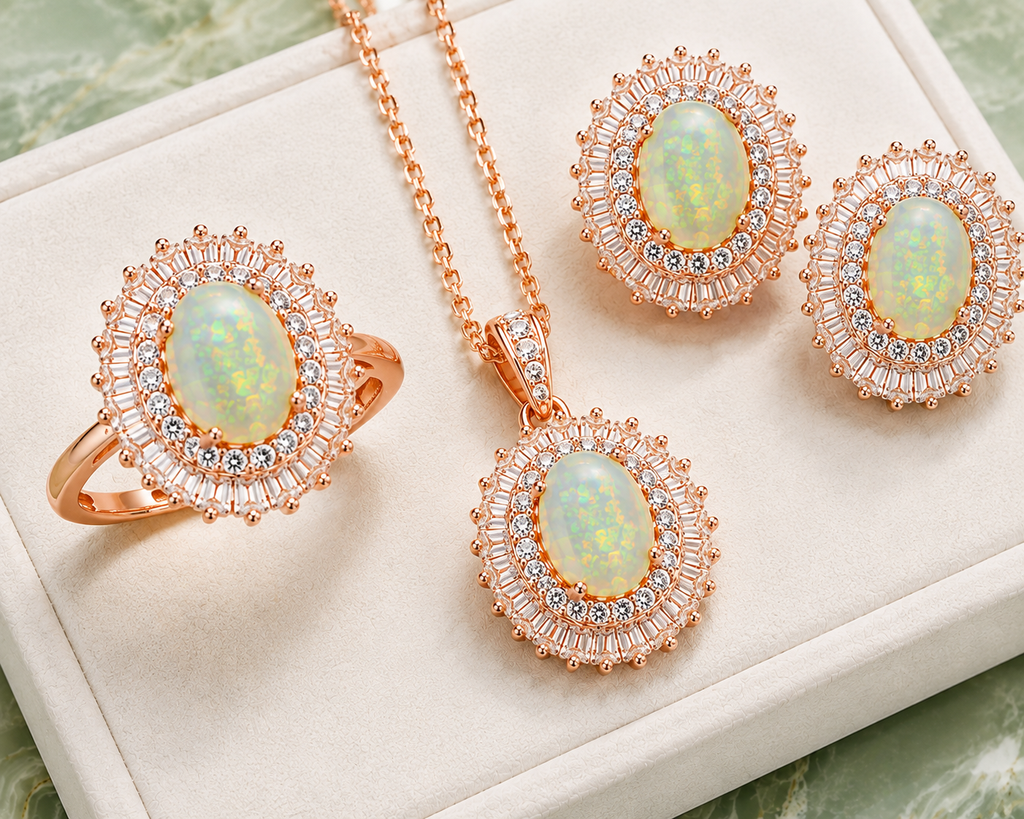 Natural 6x8mm Fire Opal jewelry set in rose gold finish featuring matching ring pendant necklace and stud earrings on a white jewelry tray with a marble background.
