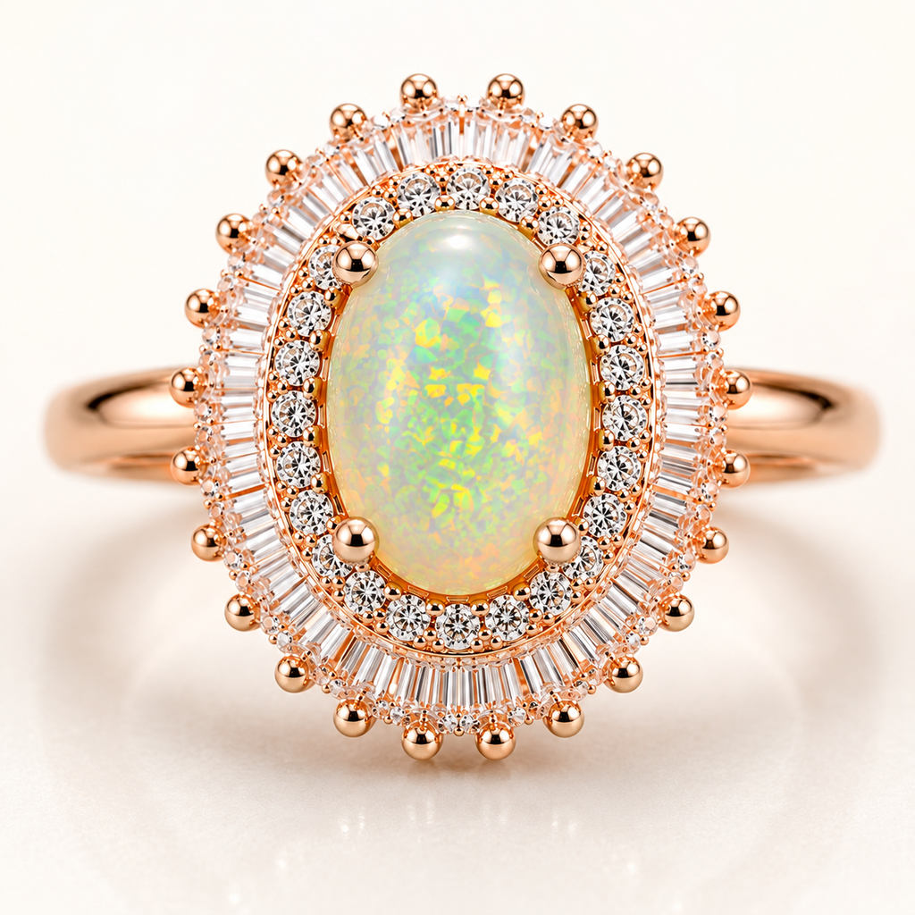 Natural 6x8mm Fire Opal Ring with a white background.