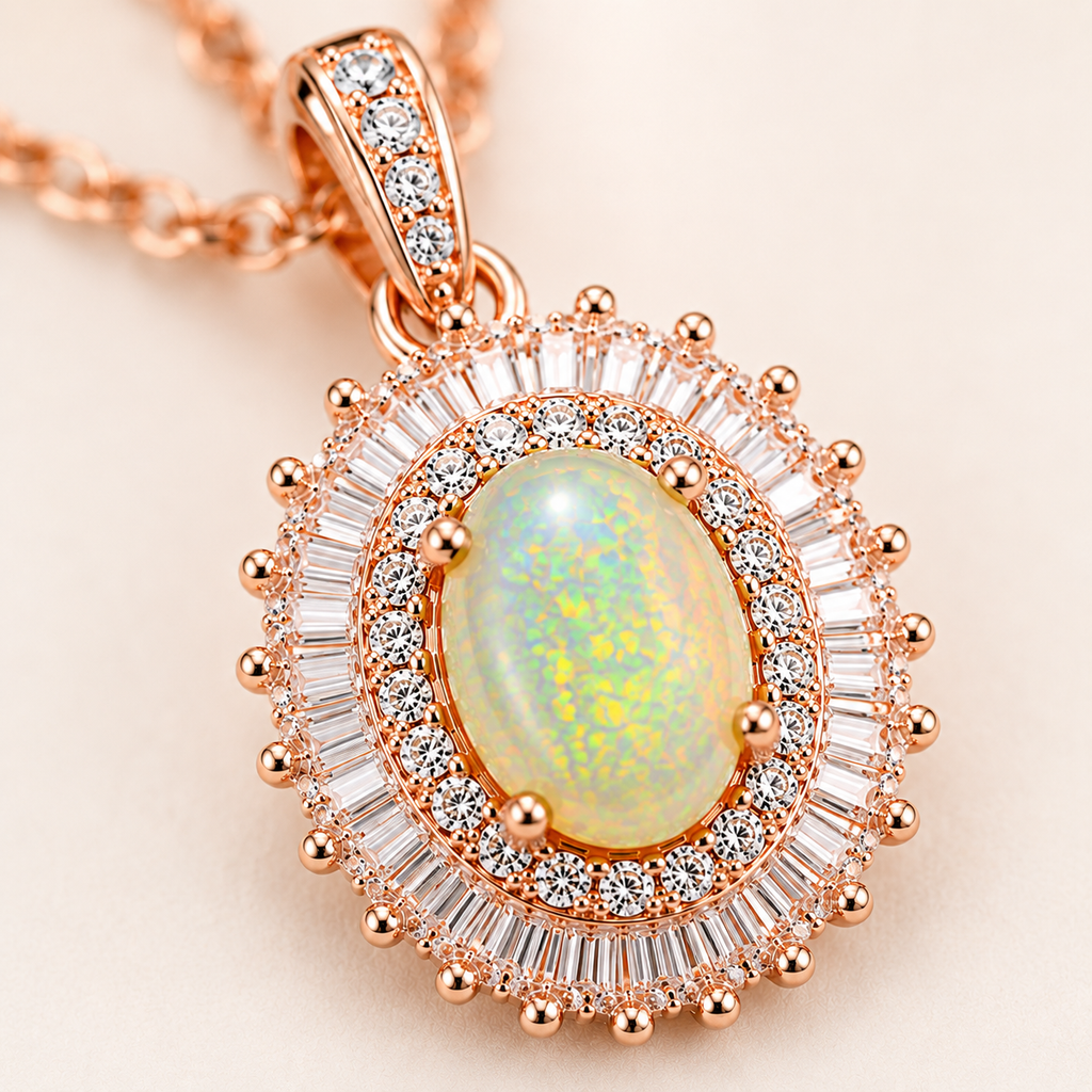 Natural 6x8mm Fire Opal Pendant with a white background.