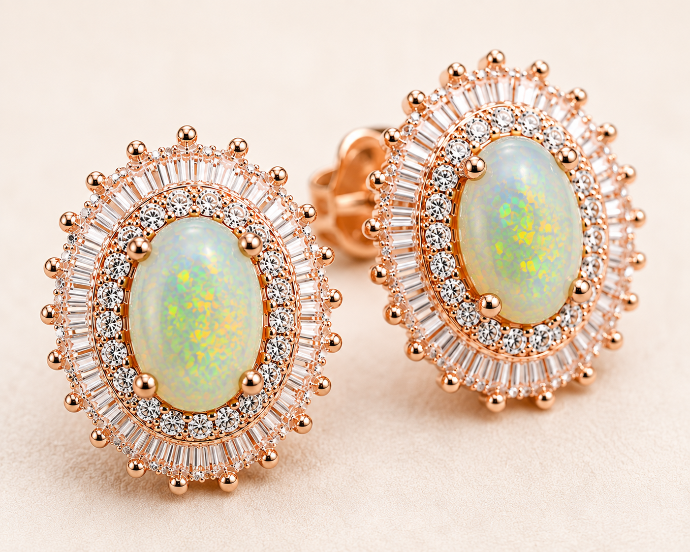 Natural 6x8mm Fire Opal stud earrings on a white jewelry tray with a marble background.