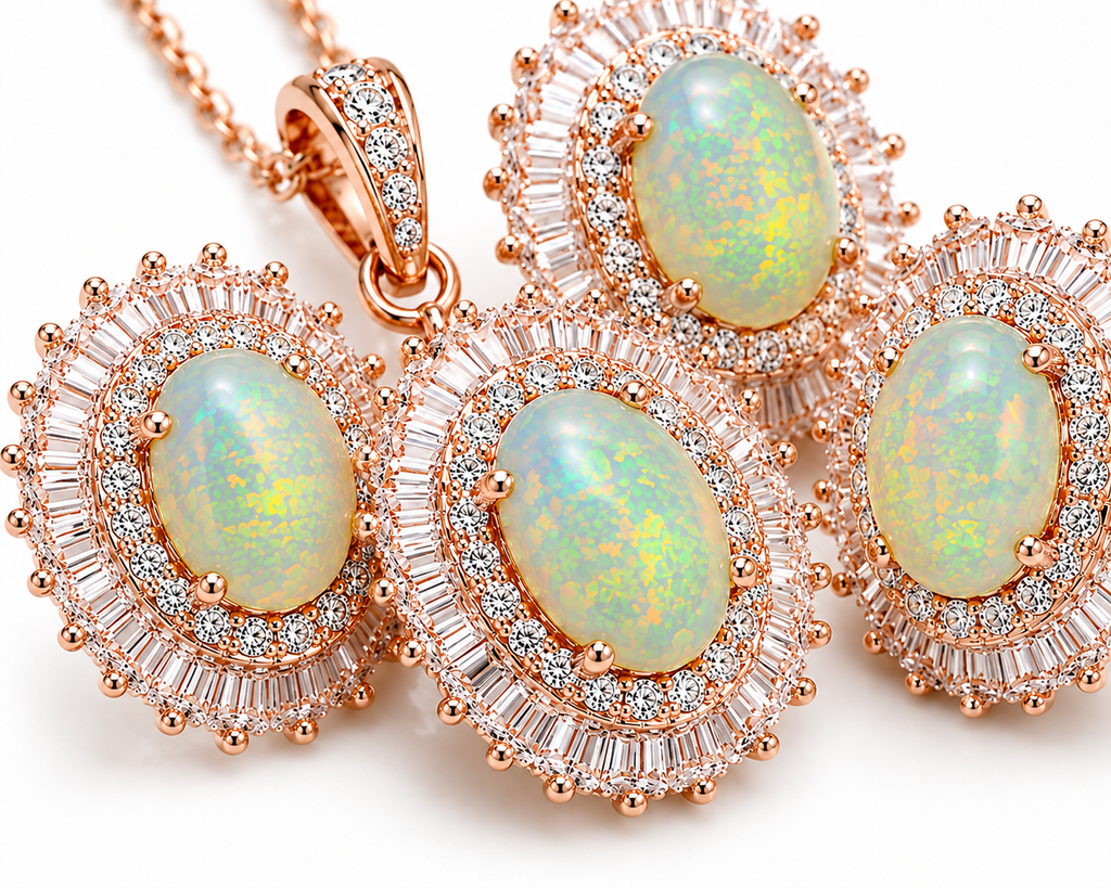 Natural 6x8mm Fire Opal jewelry set in rose gold finish featuring matching ring pendant necklace and stud earrings with a white background.