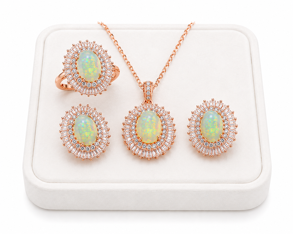 Natural 6x8mm Fire Opal jewelry set in rose gold finish featuring matching ring pendant necklace and stud earrings on a white jewelry tray with a white background.