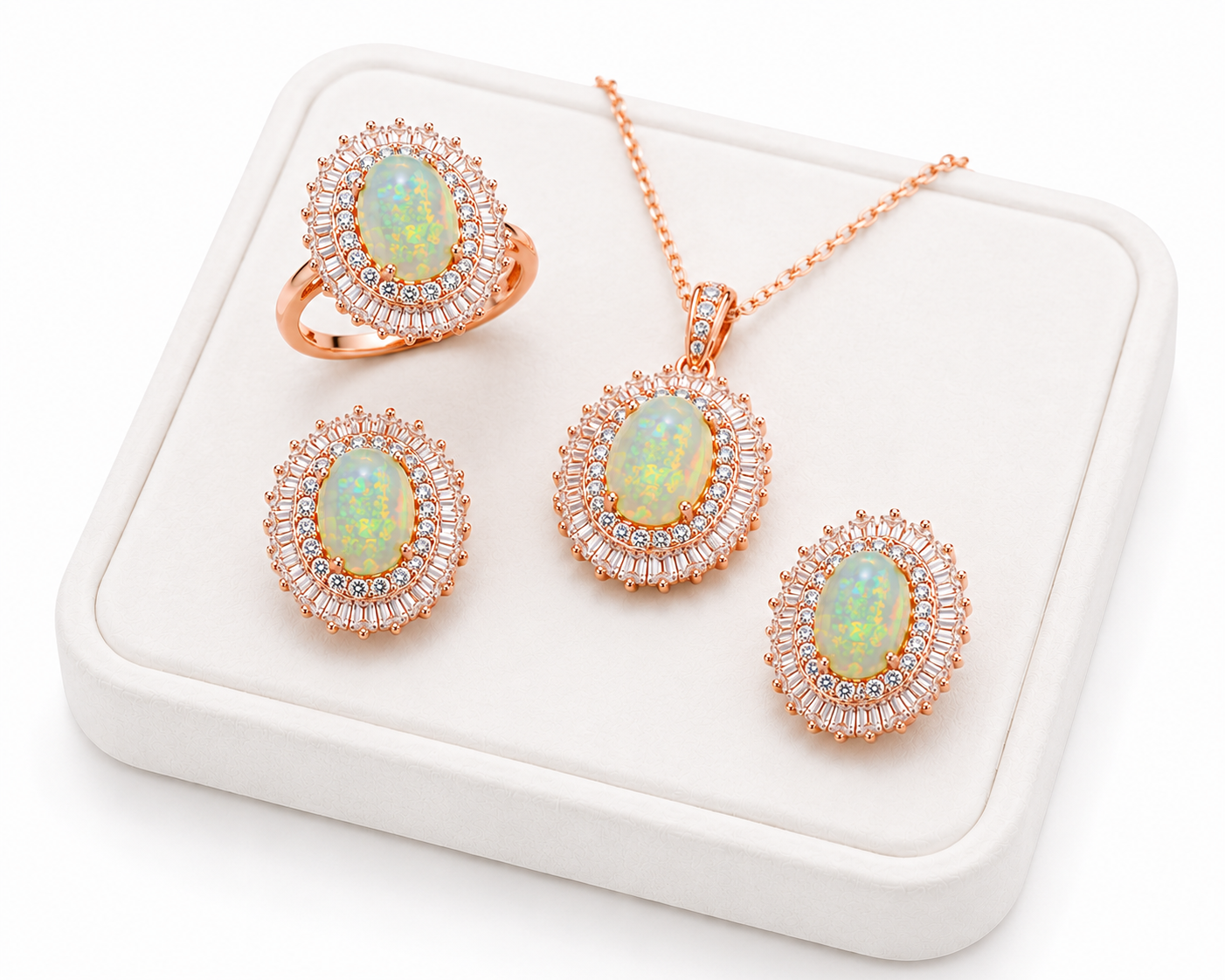 Natural 6x8mm Fire Opal jewelry set in rose gold finish featuring matching ring pendant necklace and stud earrings on a white jewelry tray with a white background.
