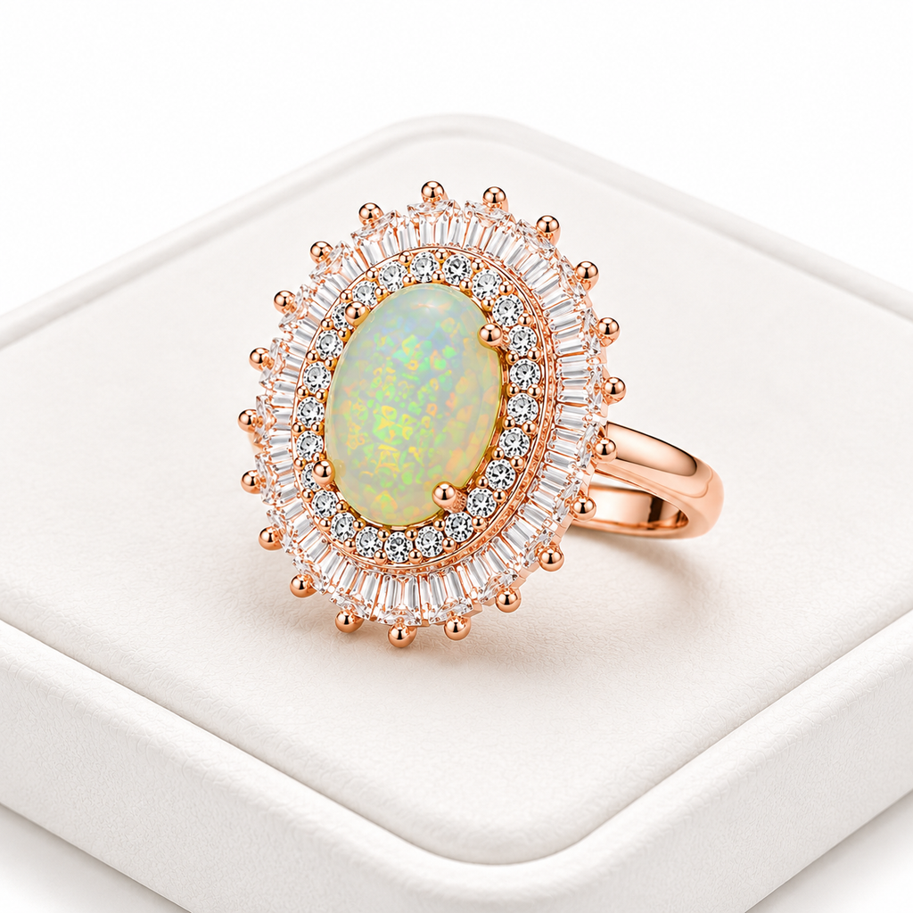 Natural 6x8mm Fire Opal Ring on a white jewelry tray with a white background.