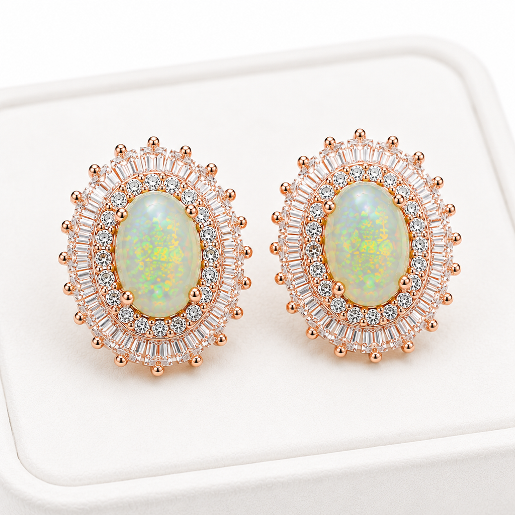 Natural 6x8mm Fire Opal Stud Earrings on a white jewelry tray with a white background.