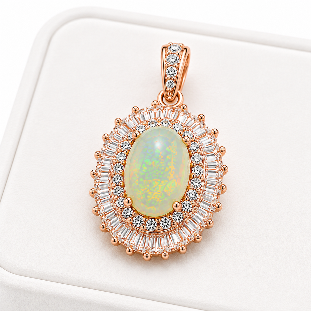 Natural 6x8mm Fire Opal Pendant on a  white jewelry tray with a white background.