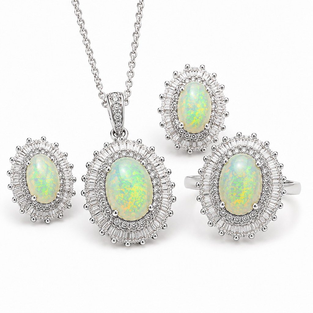 Natural 6x8mm Fire Opal jewelry set in platinum finish featuring matching ring pendant necklace and stud earrings on white background