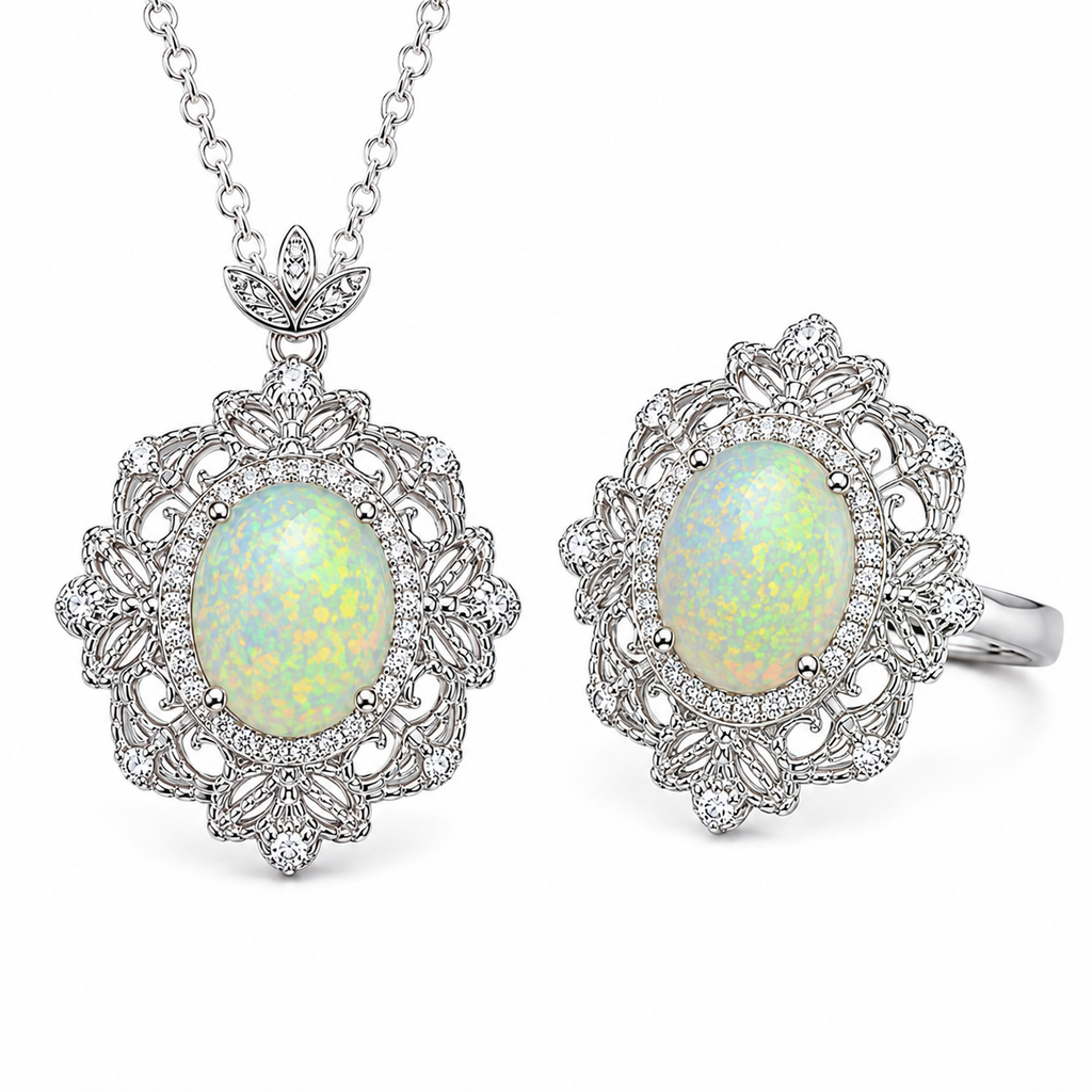 Natural Fire Opal jewelry set with matching 8x10mm oval fire opal ring and pendant necklace in 925 sterling silver