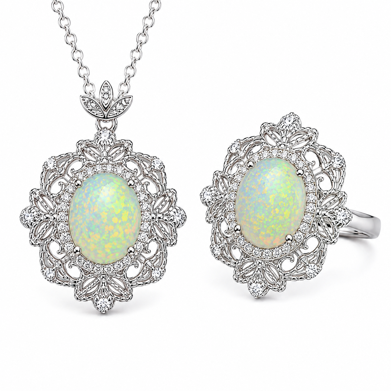 Natural Fire Opal jewelry set with matching 8x10mm oval fire opal ring and pendant necklace in 925 sterling silver