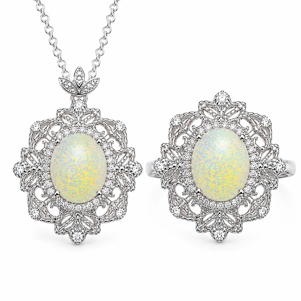 Natural Fire Opal jewelry set with matching 8x10mm oval fire opal ring and pendant necklace in 925 sterling silver