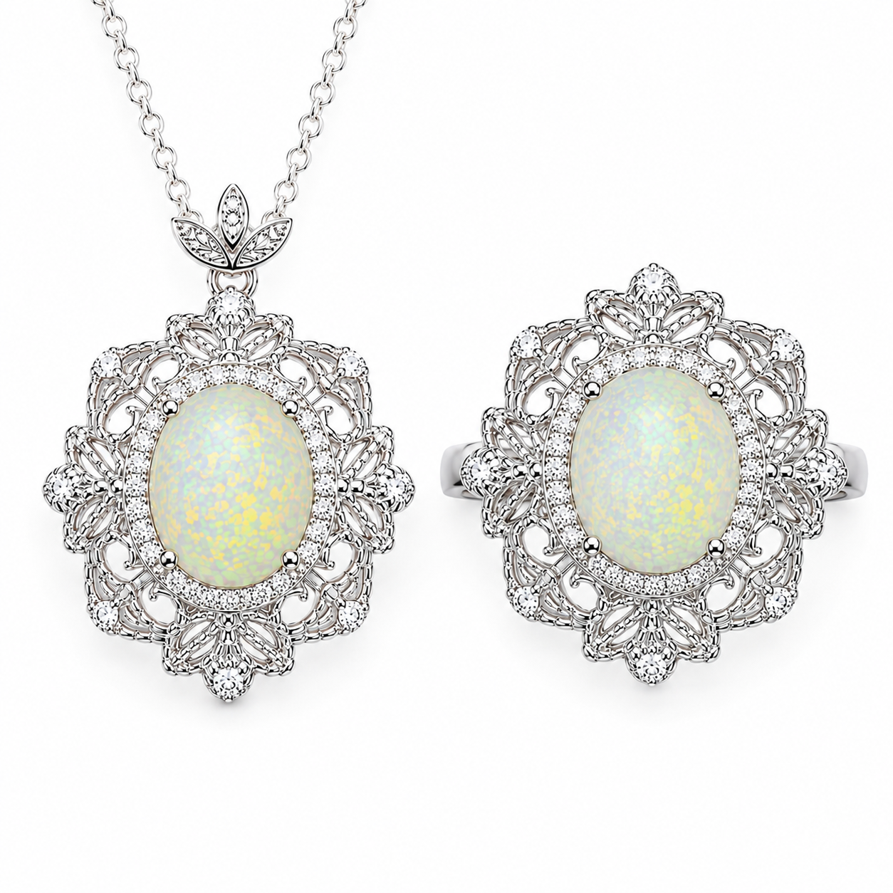 Natural Fire Opal jewelry set with matching 8x10mm oval fire opal ring and pendant necklace in 925 sterling silver
