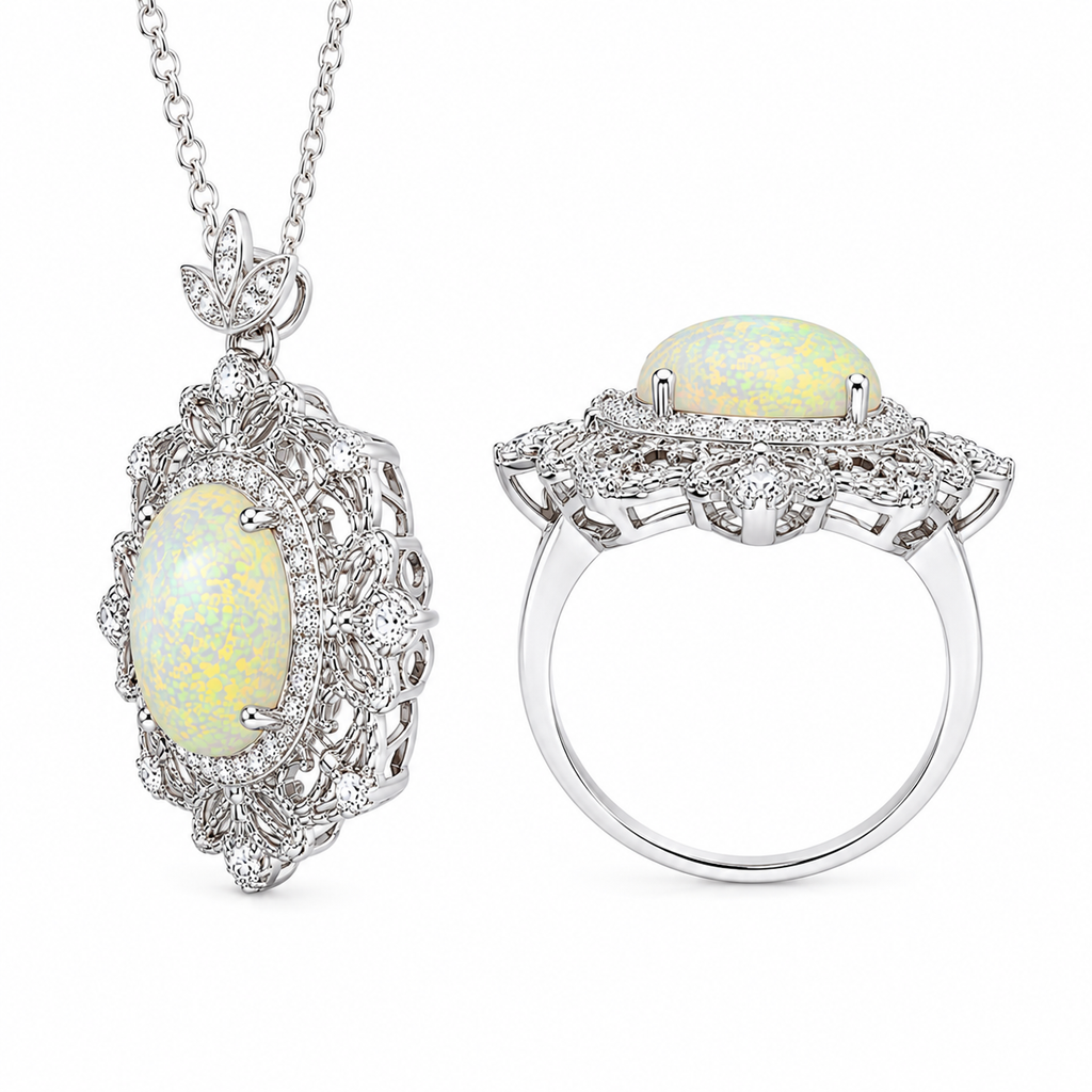 Natural Fire Opal jewelry set with matching 8x10mm oval fire opal ring and pendant necklace in 925 sterling silver