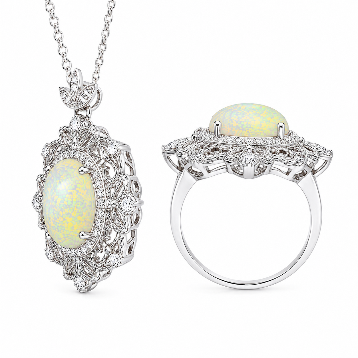 Natural Fire Opal jewelry set with matching 8x10mm oval fire opal ring and pendant necklace in 925 sterling silver