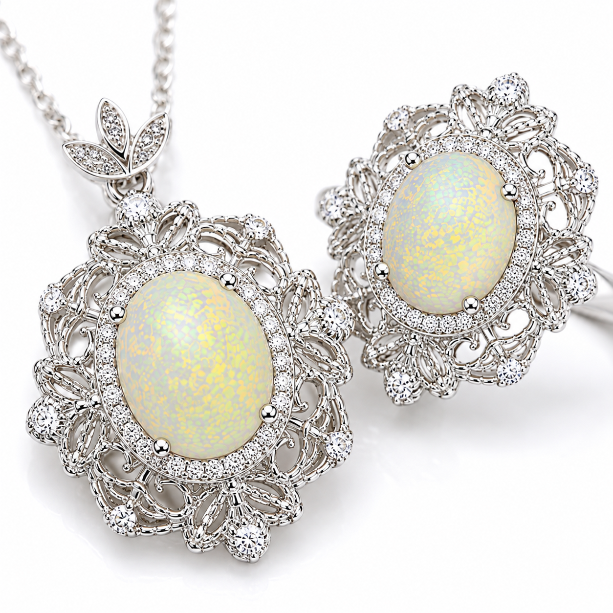 Vintage-inspired natural Fire Opal jewelry set with ornate floral halo design