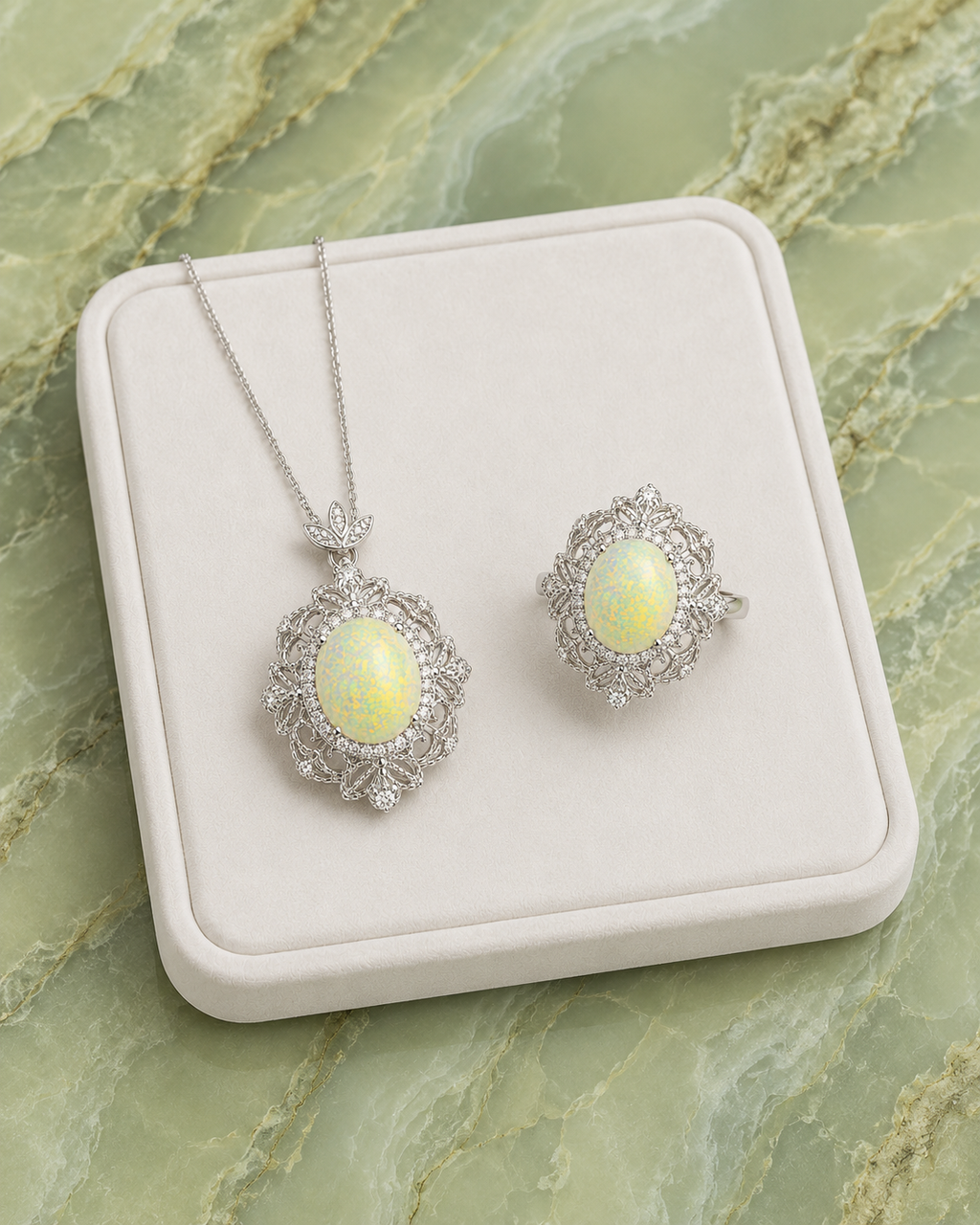 Natural Fire Opal jewelry set with matching 8x10mm oval fire opal ring and pendant necklace in 925 sterling silver