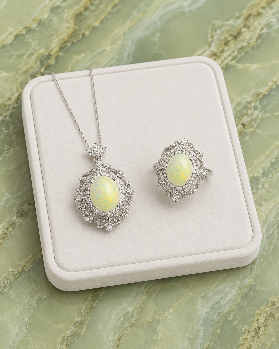 Natural Fire Opal jewelry set with matching 8x10mm oval fire opal ring and pendant necklace in 925 sterling silver