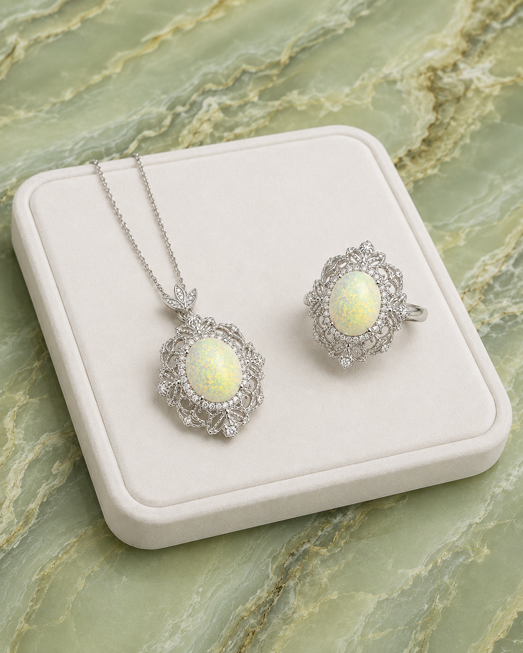 Natural Fire Opal jewelry set with matching 8x10mm oval fire opal ring and pendant necklace in 925 sterling silver