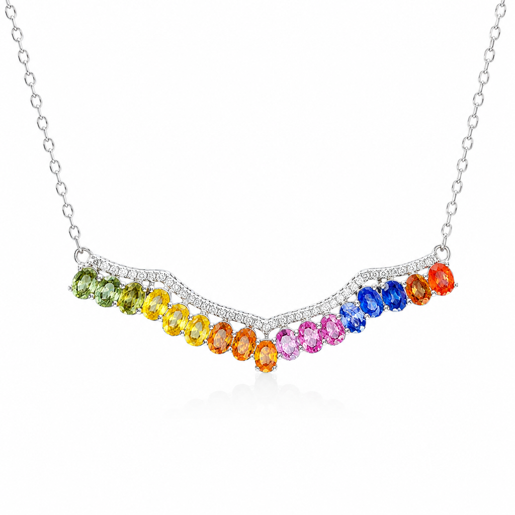 Natural multicolor sapphire necklace with 3x4mm oval green, yellow, orange, pink and blue sapphires in 925 sterling silver.