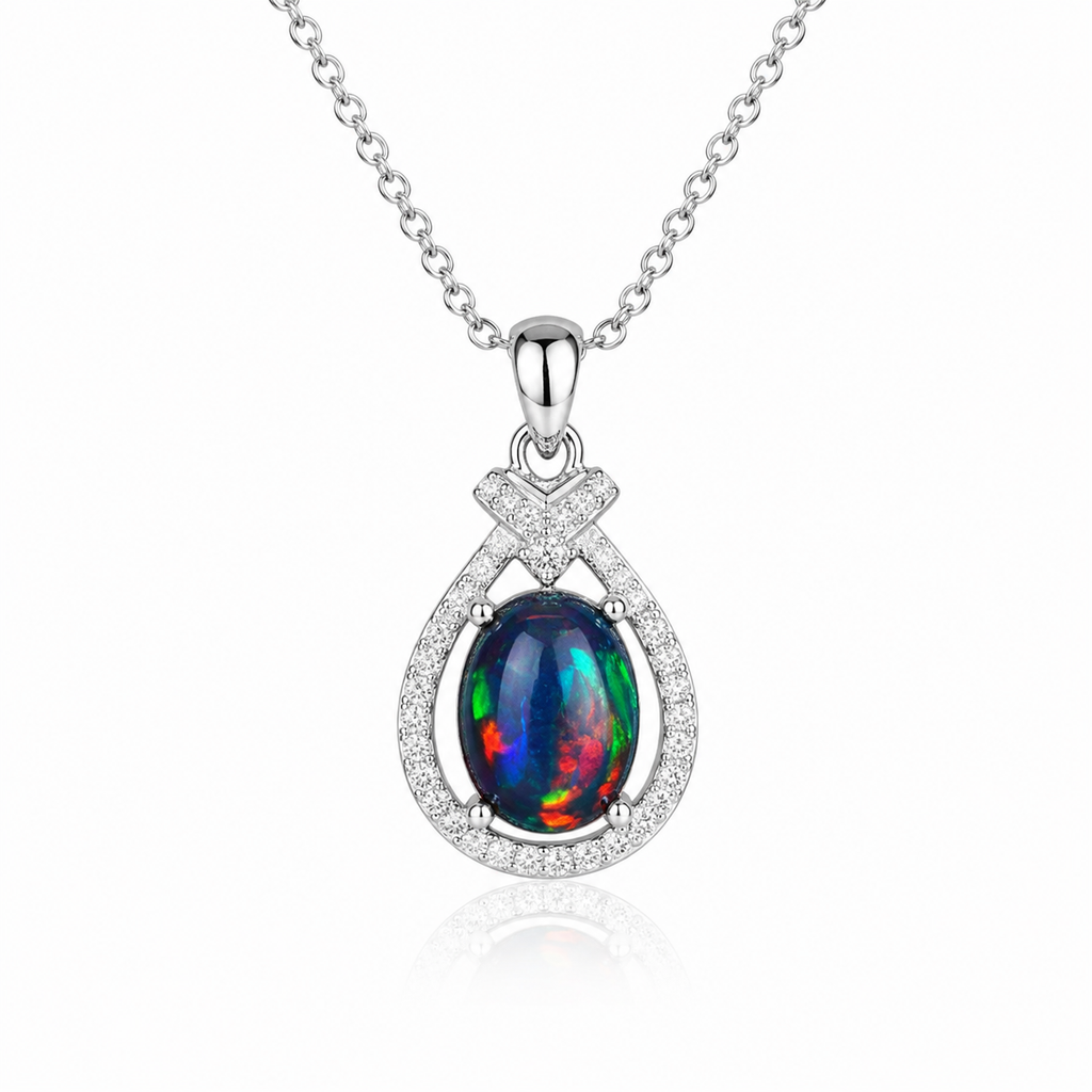 Natural Australian Black Fire Opal Necklace 7x9mm oval gemstone pendant in 925 sterling silver with platinum plated finish, colorful fire opal jewelry by PHIMSERA
