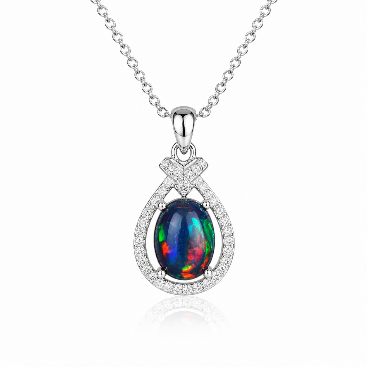 Natural Australian Black Fire Opal Necklace 7x9mm oval gemstone pendant in 925 sterling silver with platinum plated finish, colorful fire opal jewelry by PHIMSERA