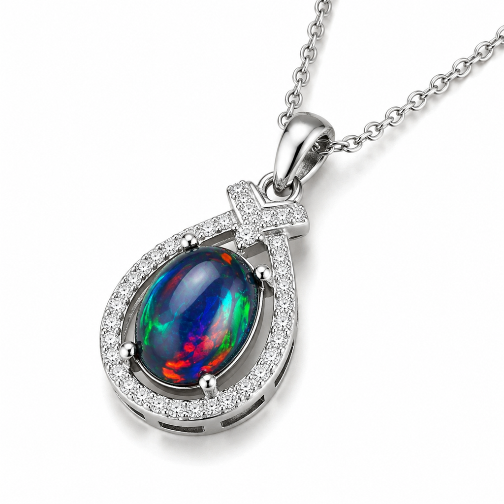 Natural Australian Black Fire Opal Necklace 7x9mm oval gemstone pendant in 925 sterling silver with platinum plated finish, colorful fire opal jewelry by PHIMSERA