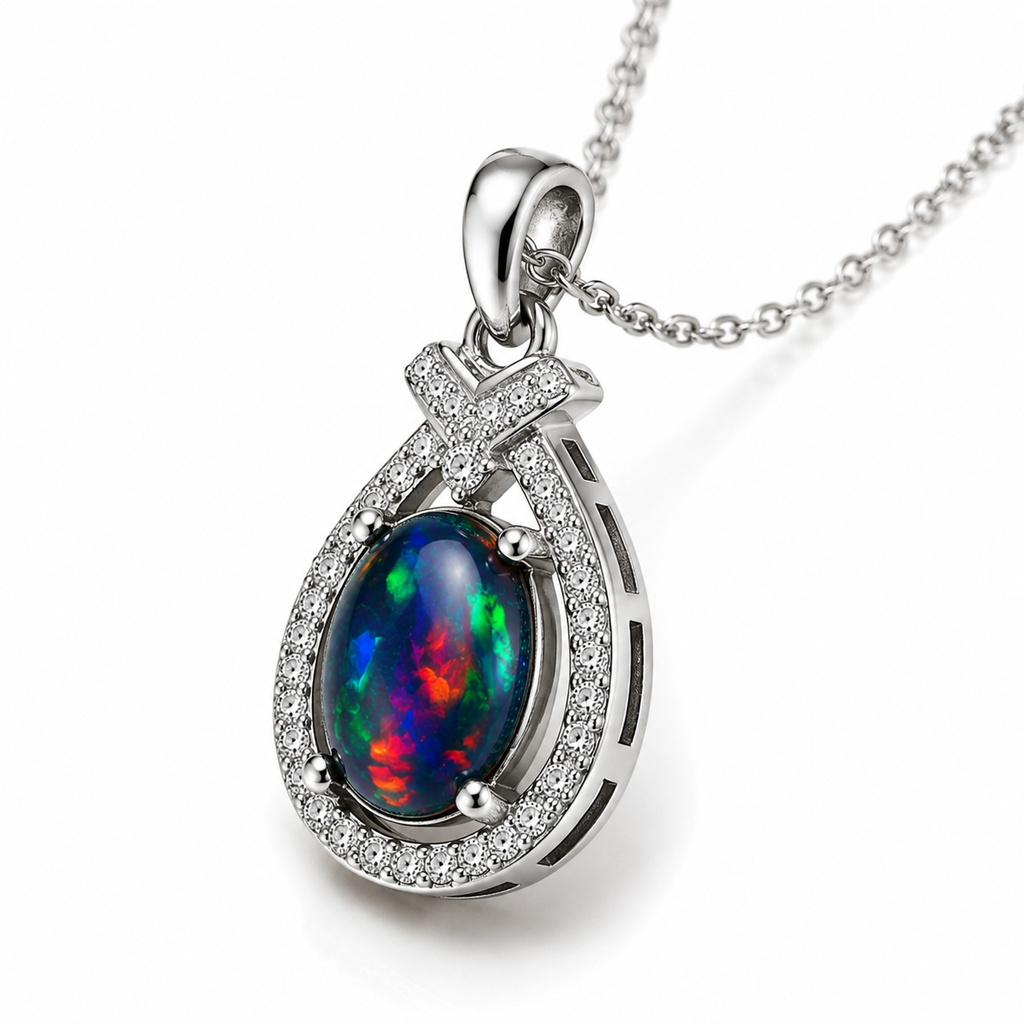 Natural Australian Black Fire Opal Necklace 7x9mm oval gemstone pendant in 925 sterling silver with platinum plated finish, colorful fire opal jewelry by PHIMSERA
