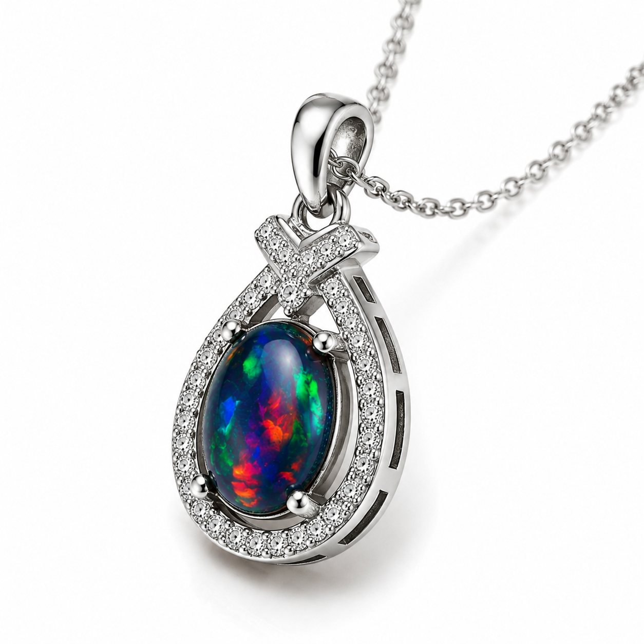 Natural Australian Black Fire Opal Necklace 7x9mm oval gemstone pendant in 925 sterling silver with platinum plated finish, colorful fire opal jewelry by PHIMSERA