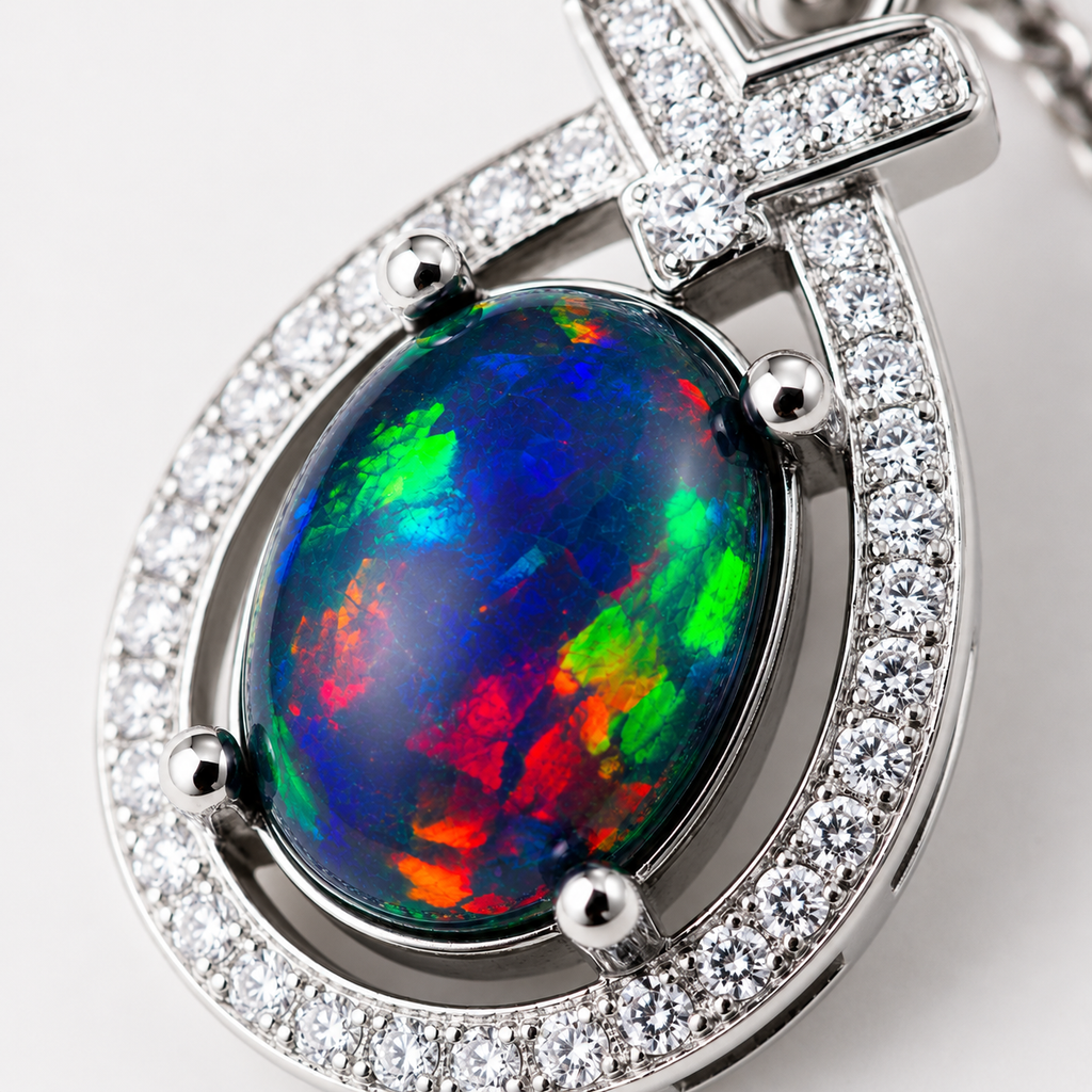 Natural Australian Black Fire Opal Necklace 7x9mm oval gemstone pendant in 925 sterling silver with platinum plated finish, colorful fire opal jewelry by PHIMSERA