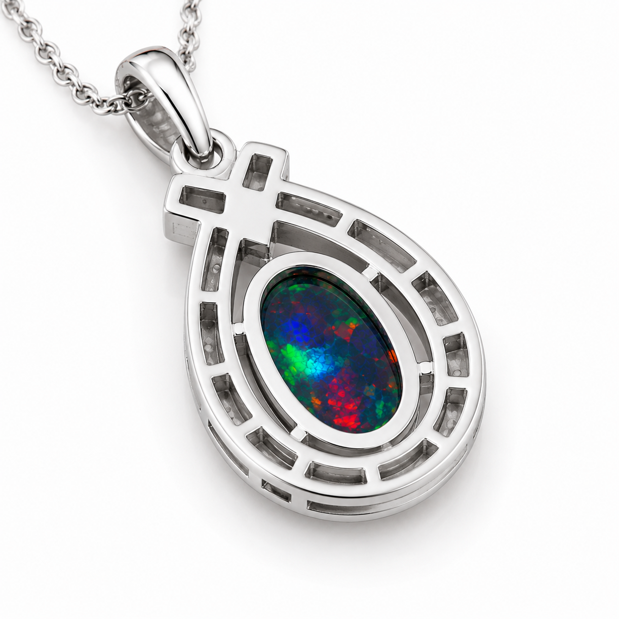 Natural Australian Black Fire Opal Necklace 7x9mm oval gemstone pendant in 925 sterling silver with platinum plated finish, colorful fire opal jewelry by PHIMSERA