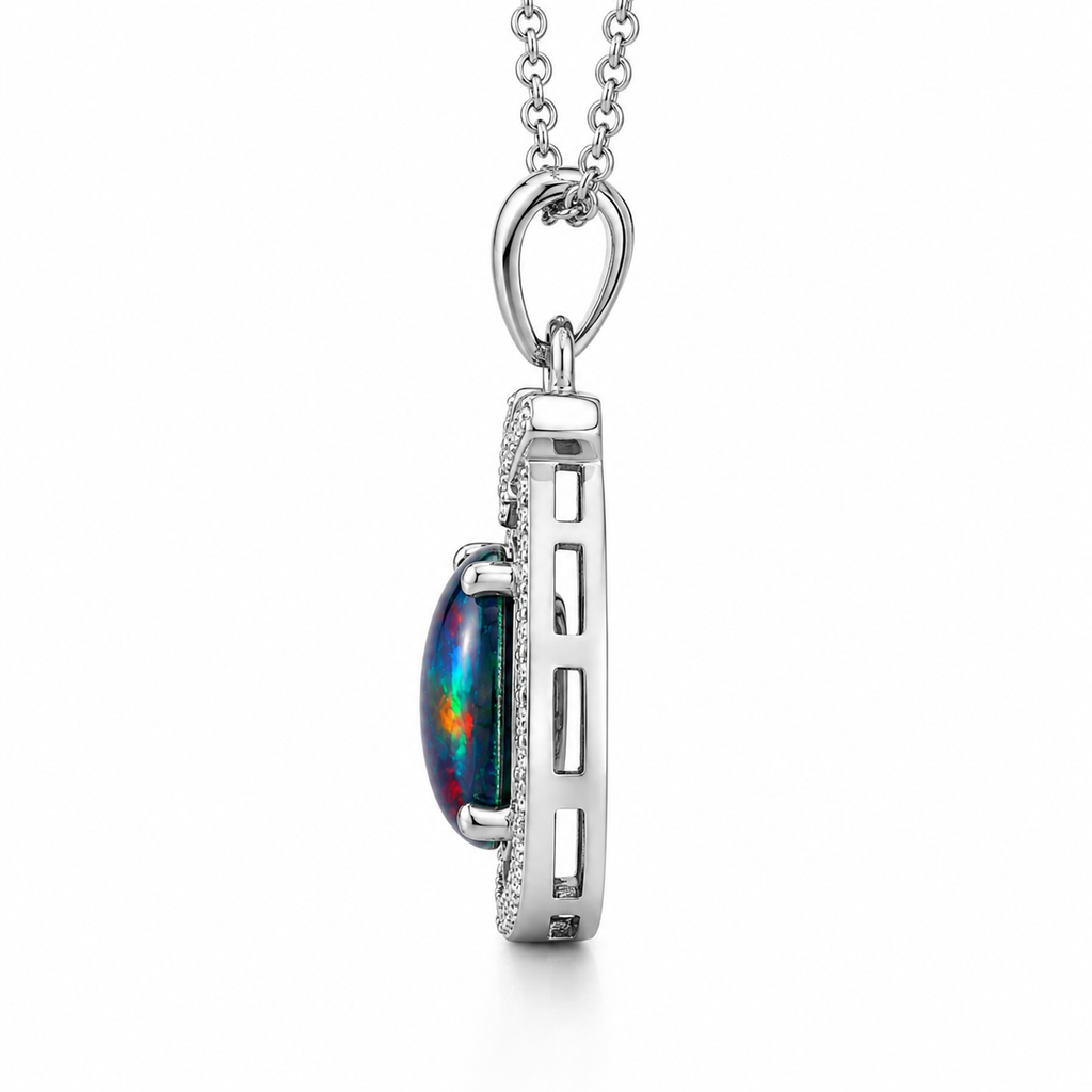 Natural Australian Black Fire Opal Necklace 7x9mm oval gemstone pendant in 925 sterling silver with platinum plated finish, colorful fire opal jewelry by PHIMSERA